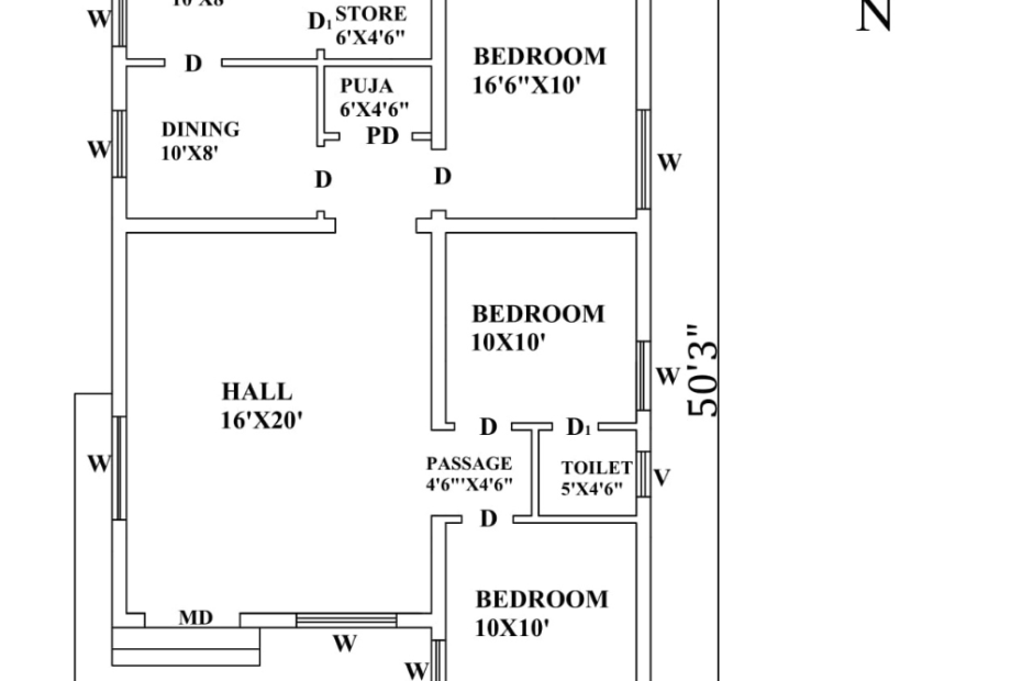 28-3 X 50-3 NORTH FACING HOUSE PLAN