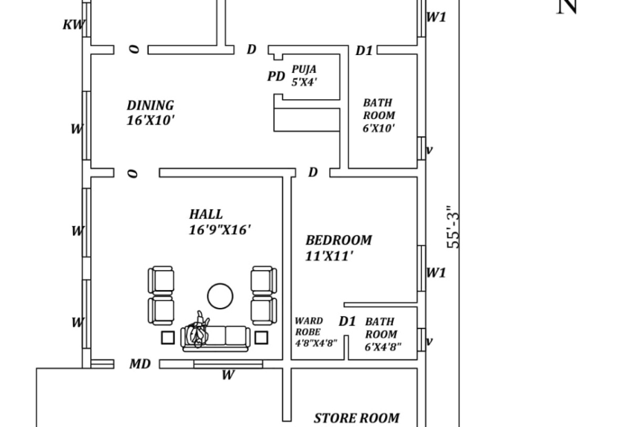 30X55 NORTH FACING HOUSE PLAN